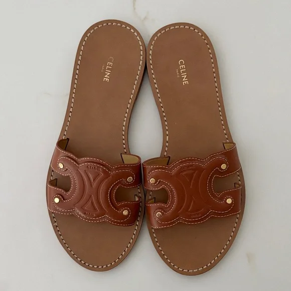 Celine Tan Triomphe Mule Sandals with Gold Details EU 39 - Picture 2 of 8